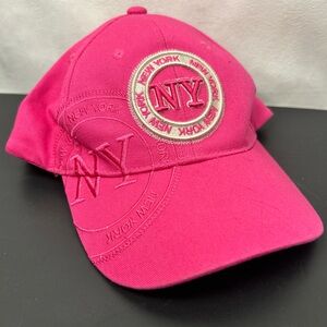 Women's Pink NY New York Robin Ruth Patch Adjustable Strap Baseball Hat Brim